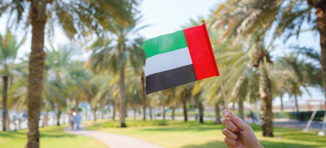 Nahaufnahme einer weiblichen Hand, die von der Corniche aus eine kleine Flagge der Vereinigten Arabischen Emirate vor dem Abu Dhabi Park hält.