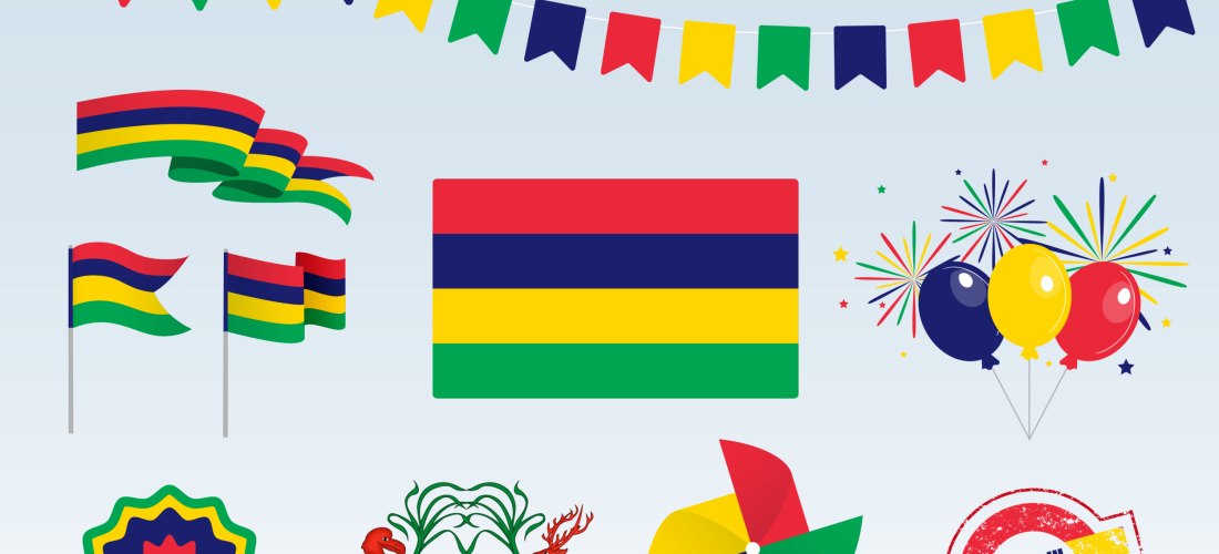 Dieses Bild stellt verschiedene Symbole dar, die mit Mauritius verbunden sind. Im Zentrum befindet sich die mauritische Flagge mit den Farben Rot, Blau, Gelb und Grün. Über der Flagge hängen bunte Wimpelketten, die in den Nationalfarben gehalten sind. Lin