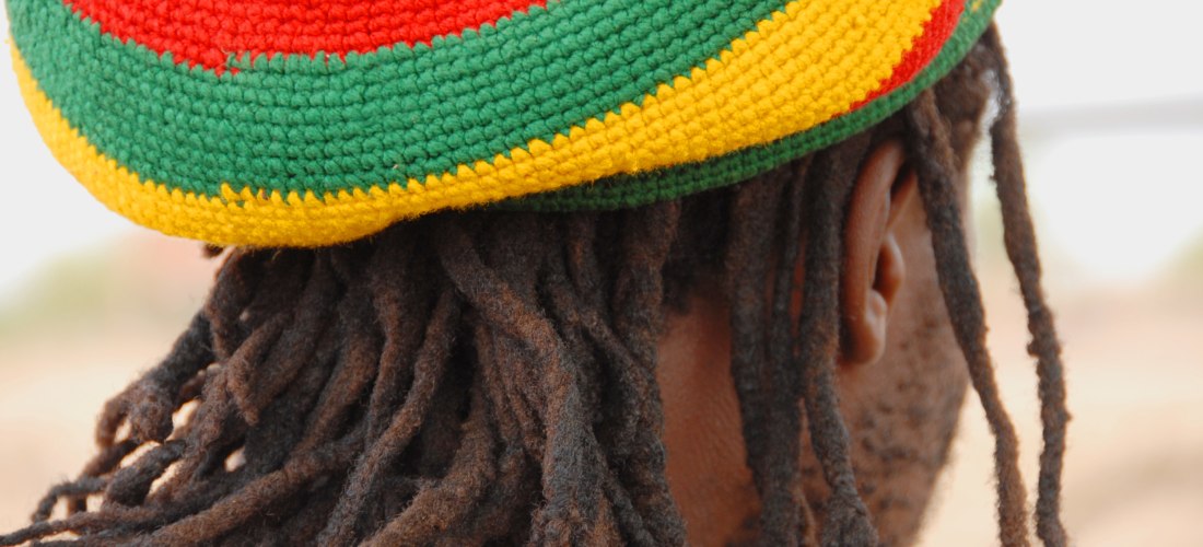 Ein Mann ist von hinten zu sehen. Er trägt eine bunte, gehäkelte Mütze in den Farben Grün, Gelb und Rot, die an die Rastafari-Kultur erinnert. Unter der Mütze ragen zahlreiche Dreadlocks hervor, die über seinen Nacken und Rücken fallen. Die Szene wirkt ru