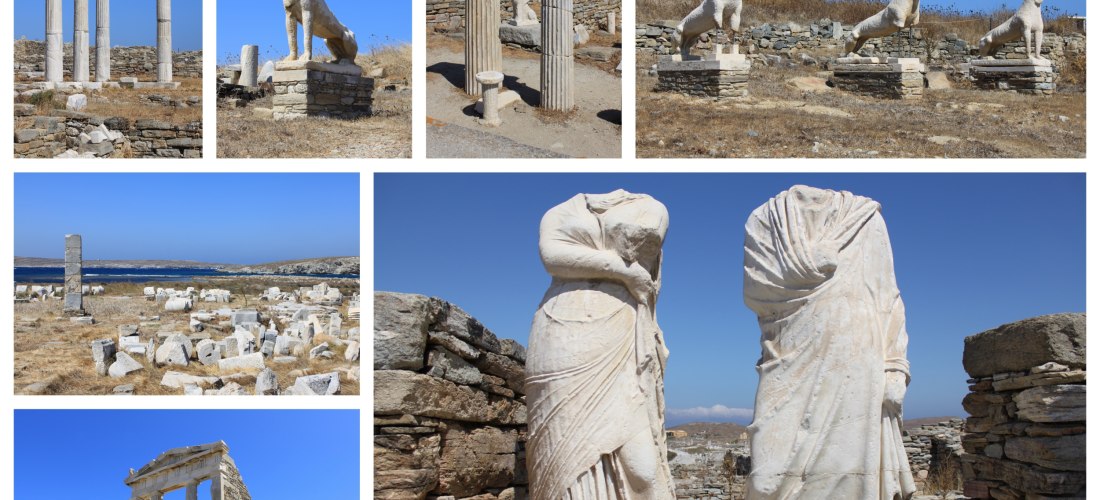 Antike Ruinen, Marmorstatuen und Löwenfiguren auf der Insel Delos, UNESCO-Weltkulturerbe bei Mykonos