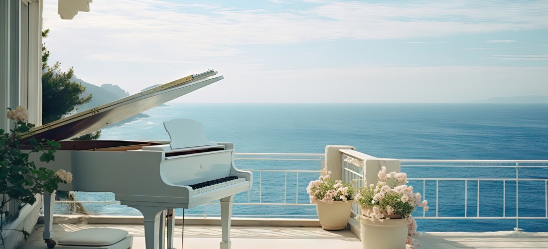Ein weißer Flügel steht auf einer Terrasse mit Blick auf das tiefblaue Meer. Der Klavierdeckel ist geöffnet, und daneben steht ein passender weißer Hocker. Die Terrasse ist mit hellen Fliesen belegt und mit großen Blumentöpfen mit zarten rosa Blüten gesch