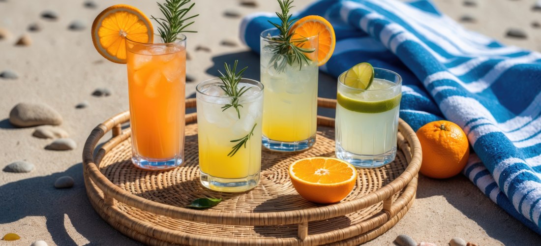 Erfrischende Sommer-Cocktails mit Zitrusfrüchten und Kräutern auf einem Tablett im Sand, neben einer blauen Stranddecke und Muscheln