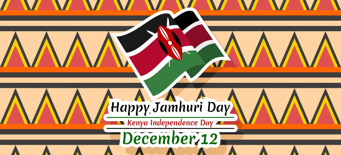 Illustration mit kenianischer Flagge und der Aufschrift 'Happy Jamhuri Day – Kenya Independence Day – December 12'. Im Hintergrund ein traditionelles Muster in Rot, Gelb, Orange und Schwarz.