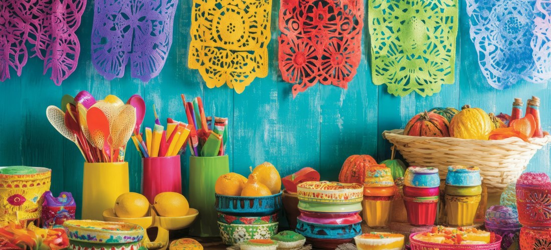 Arrangement aus bunten Papel Picado-Bannern, Maracas und kleinen mexikanischen Flaggen zeigt die lebendigen Traditionen des Hispanic Heritage Month und lädt zum Feiern und zur Wertschätzung ein
