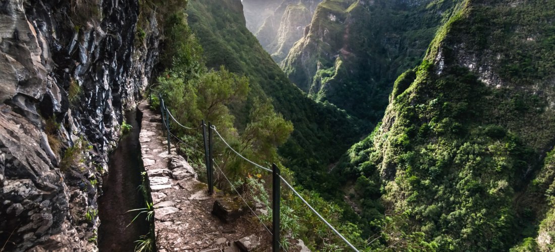 Schmaler Wanderpfad entlang einer Levade in Madeiras Berglandschaft, umgeben von steilen, grünen Hängen und dramatischem Lichtspiel.