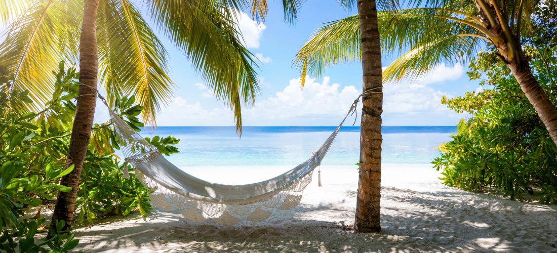 Hängematte an einer tropischen Strandlandschaft mit Palmen und türkisfarbenem Meer