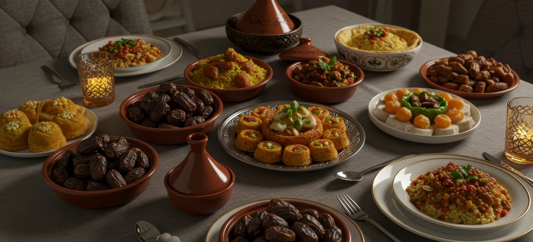 Ramadan-Iftar-Aufstrich mit klassischer orientalischer Küche zum Ende des Fastens und der Eid-Feierlichkeiten