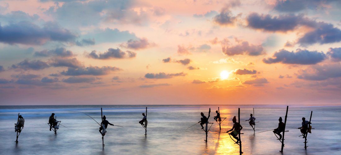 Mehrere Stelzenfischer sitzen bei Sonnenuntergang auf Holzstangen im Meer vor der Küste Sri Lankas. Die Silhouetten heben sich vor dem goldenen Licht und dem wolkigen Himmel ab. Das Bild vermittelt Ruhe, Tradition und authentische Küstenkultur.