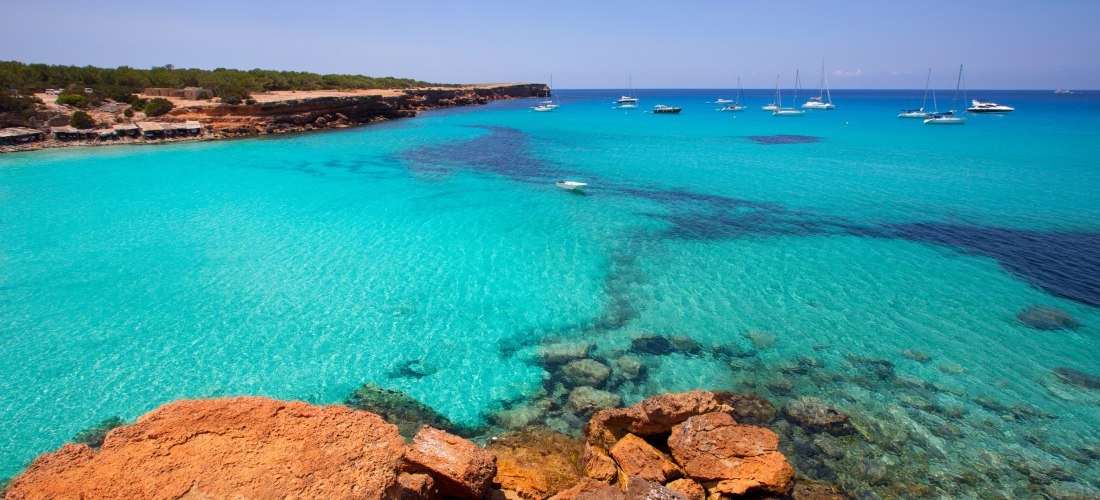 Panoramablick auf die Bucht Cala Saona mit türkisblauem Wasser, roten Felsen im Vordergrund und zahlreichen Segelbooten, die in der Bucht liegen.