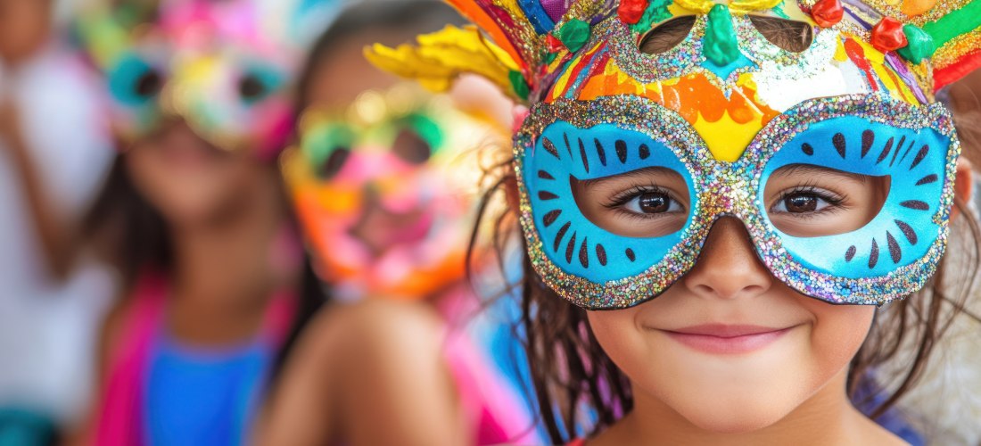 Ein fröhliches Kind trägt eine farbenfrohe Karnevalsmaske, verziert mit Glitzer, Federn und bunten Mustern. Im Hintergrund sind weitere Kinder mit leuchtenden Masken zu sehen. Die Szene versprüht Lebensfreude und erinnert an ein lebhaftes Fest voller Farb