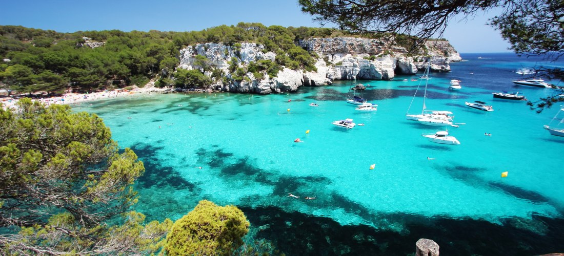 Atemberaubender Blick auf eine Bucht mit türkisfarbenem Wasser auf Menorca, Spanien. Mehrere weiße Boote und Yachten liegen vor Anker. Im Hintergrund ein heller Sandstrand, gesäumt von grünen Kiefernwäldern und hellen Kalksteinfelsen. Im Vordergrund ein r