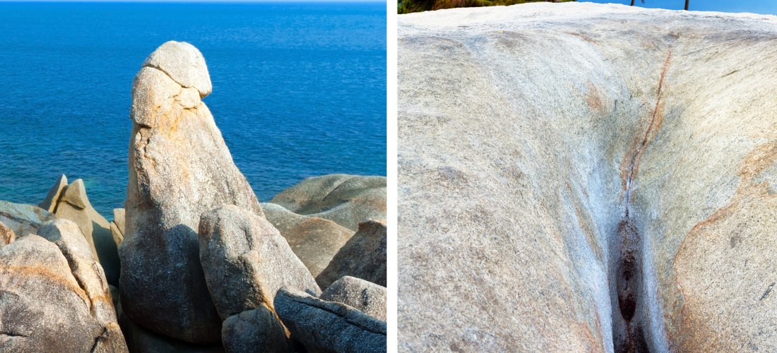Die berühmten Hin Ta und Hin Yai Felsen auf Koh Samui, Thailand, auch bekannt als Großvater- und Großmutterfelsen, eine beliebte Sehenswürdigkeit am Meer.