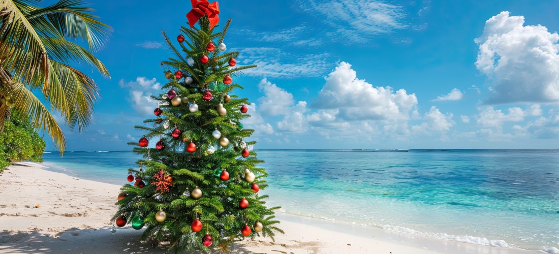 Ein geschmückter Weihnachtsbaum an einem tropischen Strand 