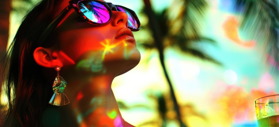 Lebhafte Lounge-Party-Stimmung: Junge Frau genießt Cocktails am Pool in tropischer Miami-Atmosphäre