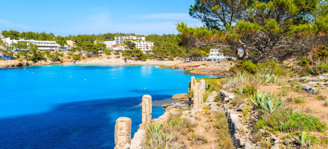 Küstenansicht eines Ferienortes im Norden von Ibiza. Im Vordergrund Felsen, Kakteen und Pinien, dahinter türkisblaues Meer und Sandstrand mit Hotels und Ferienanlagen.