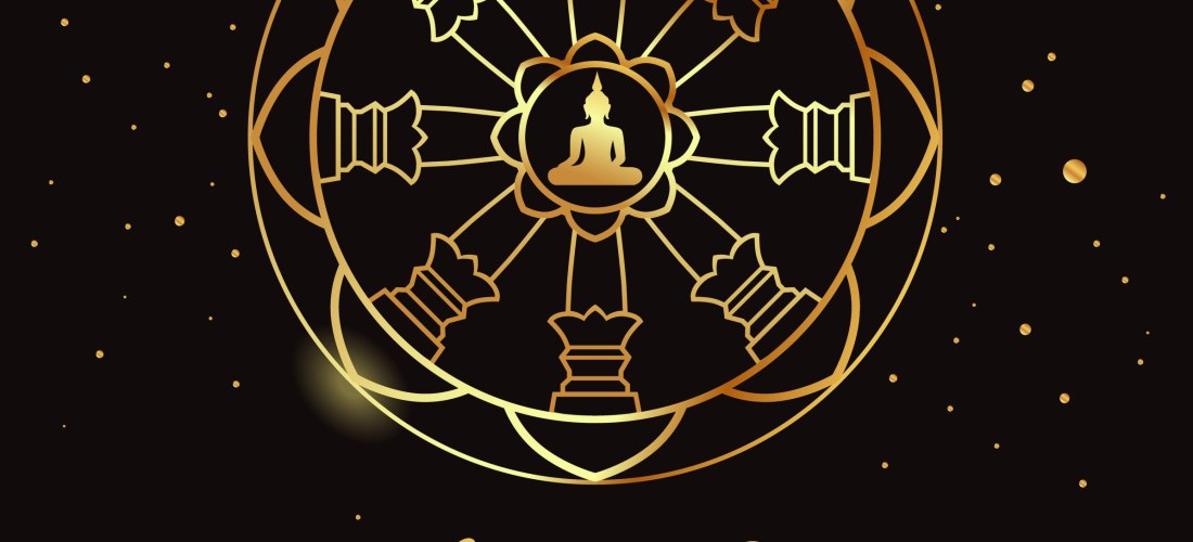 Die Grafik zeigt ein kunstvoll gestaltetes Dharma-Rad in goldenen Linien auf schwarzem Hintergrund. In der Mitte des Rads sitzt eine stilisierte Buddha-Figur in Meditationshaltung, umgeben von acht Speichen, die jeweils in eine thailändische Tempelglocke 