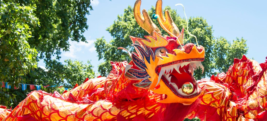Das Bild zeigt einen großen, farbenprächtigen chinesischen Drachentanz bei Tageslicht. Der Drache ist kunstvoll gestaltet in leuchtendem Rot, Gold und Orange, mit schuppigem Körper, wilden Augen, offenem Maul und goldener Kugel. Er wird von Stangen getrag