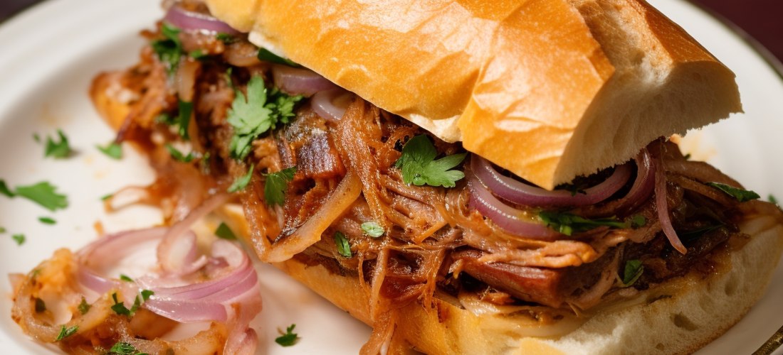 Leckeres Pulled Pork Sandwich mit roten Zwiebeln und frischen Kräutern auf einem Teller