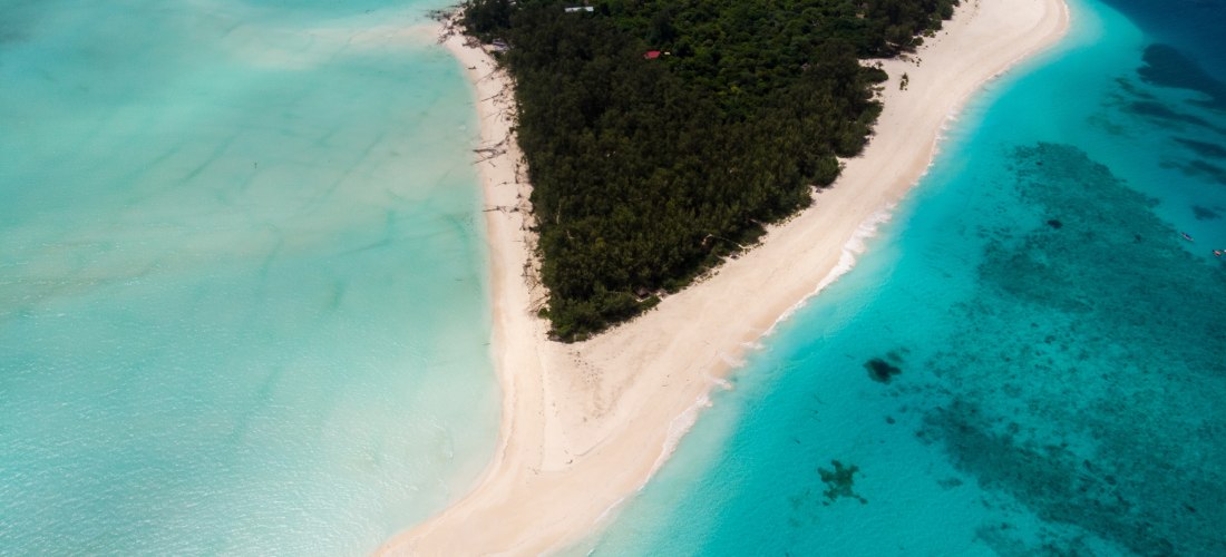 Luftaufnahme einer kleinen Insel vor Sansibar mit dichtem Grün und heller Sandbank, umgeben von türkisfarbenem Wasser.