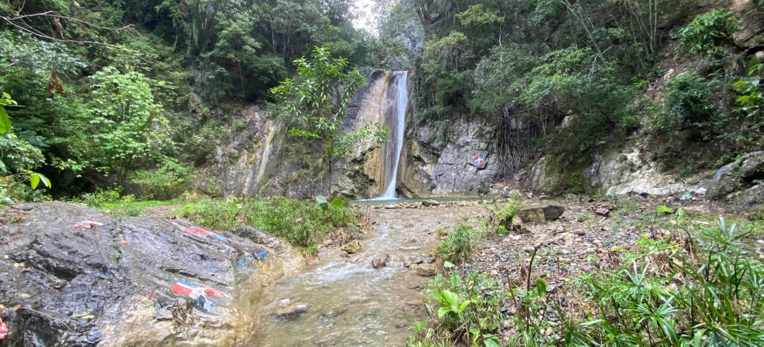 Kleiner Wasserfall inmitten grüner Vegetation in der Dominikanischen Republik, mit einem klaren Bach im Vordergrund