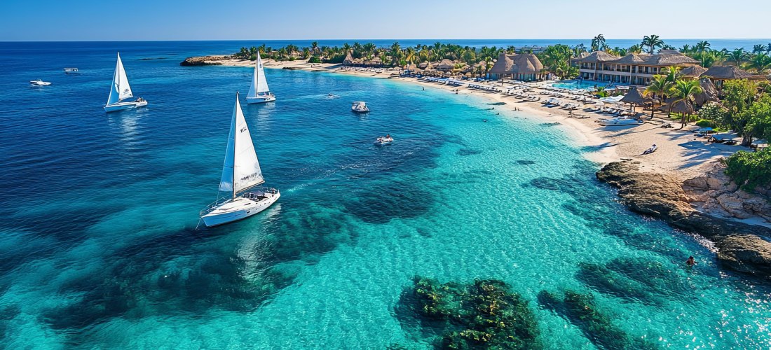 Segelboote ankern in der Nähe eines Strandes des tropischen Resorts