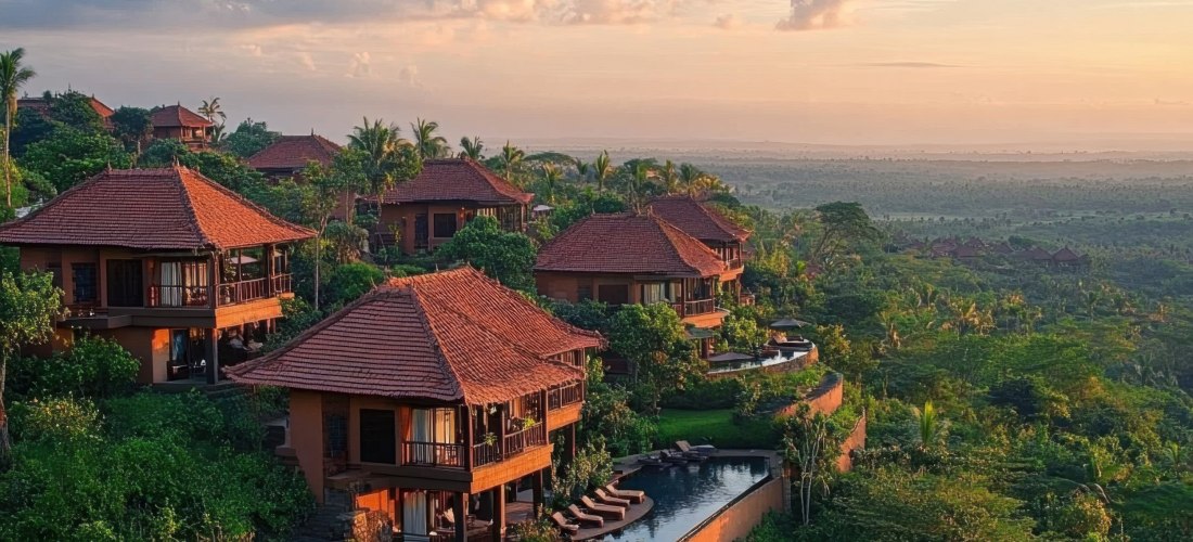 Mehrere luxuriöse Villen mit roten Ziegeldächern liegen eingebettet in tropischem Grün an einem Hang. Im Vordergrund ein eleganter Infinity-Pool mit Sonnenliegen, im Hintergrund weite Landschaft unter einem goldenen Sonnenuntergang.