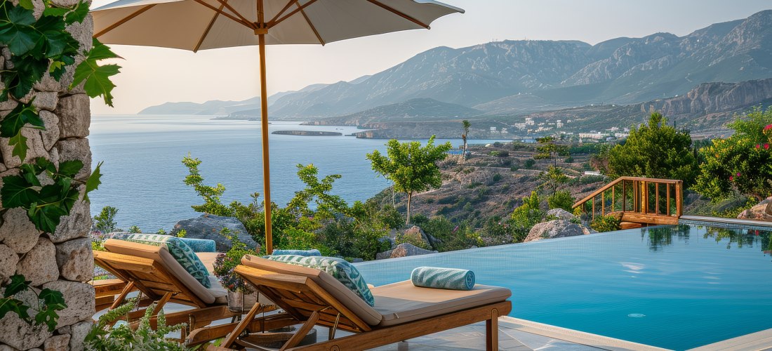 Sonnenliegen mit Sonnenschirm am Pool mit Blick auf das Kretische Meer 