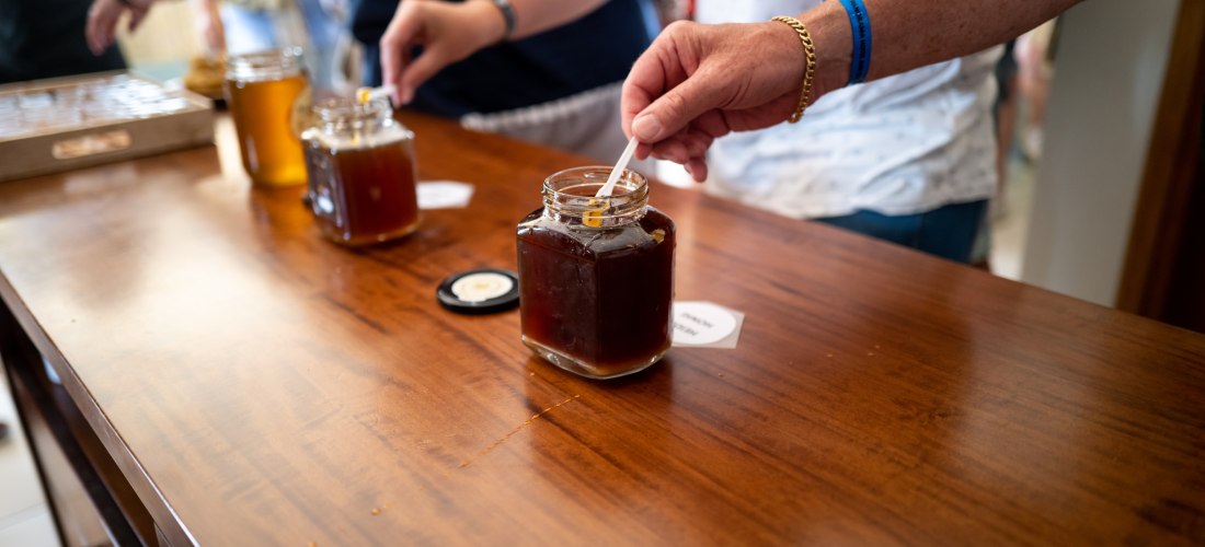 Mehrere Personen stehen an einem Holztresen und probieren Honig aus offenen Gläsern. Einer der Gäste taucht einen kleinen Probierlöffel in ein Glas mit dunklem Honig. Im Hintergrund sind weitere Honiggläser, Deckel und Menschen zu sehen.