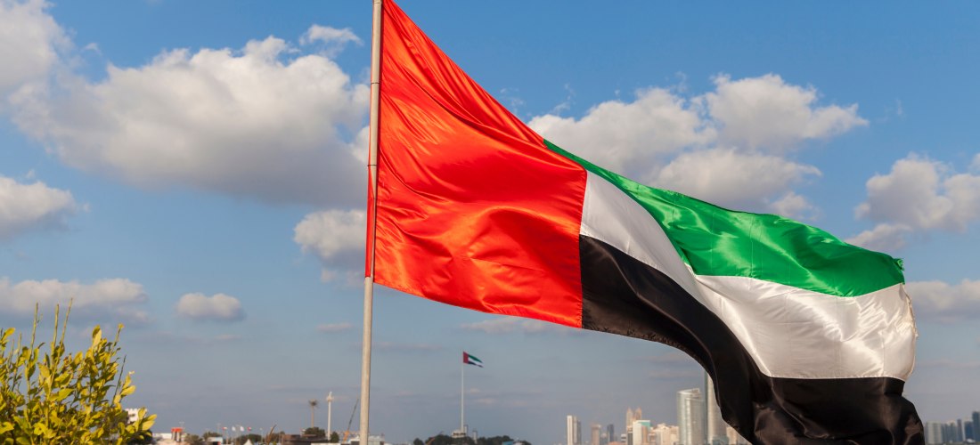Die Flagge der Vereinigten Arabischen Emirate weht im Wind mit einer Stadtlandschaft und einem Wasserblick im Hintergrund