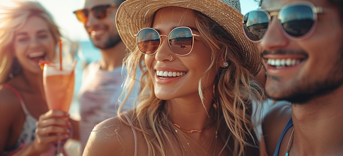 Eine Gruppe junger Freunde genießt eine ausgelassene Sommerparty am Strand. Mit Sonnenbrillen, Strohhüten und kühlen Cocktails in der Hand lachen sie und genießen das warme Sonnenlicht. Die entspannte Atmosphäre und die goldene Abendsonne verleihen dem Mo