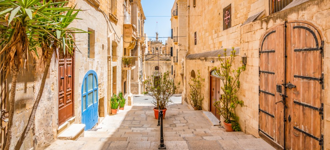 Enge Gasse in der Altstadt von Valletta auf Malta mit typischen Sandsteinfassaden, bunten Türen und Pflanzen im Sonnenschein