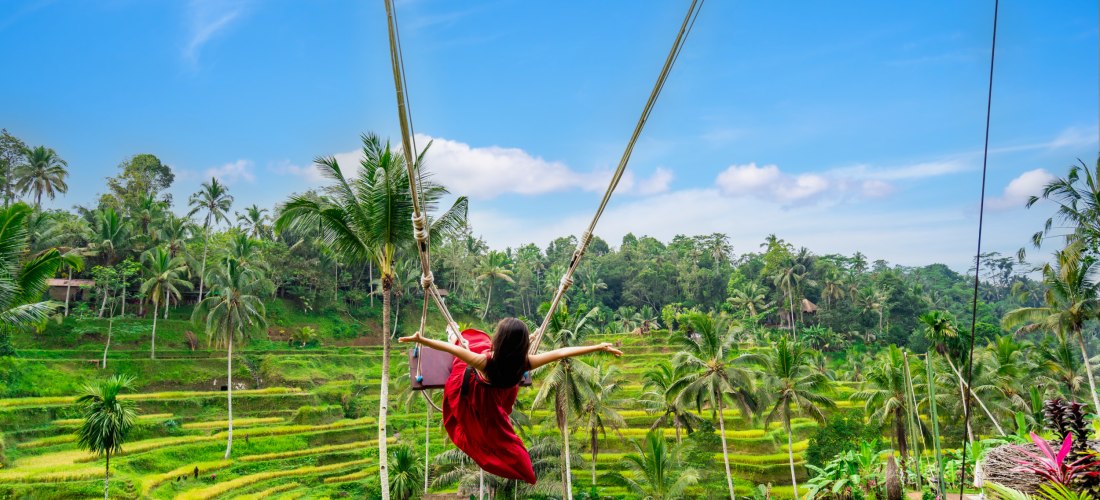 Eine Frau in einem roten Kleid schwingt hoch über üppig grünen Reisterrassen auf einer berühmten Dschungelschaukel auf Bali. Sie hat die Arme weit ausgebreitet und blickt in die tropische Landschaft mit zahlreichen Palmen. Der Himmel ist blau mit wenigen 