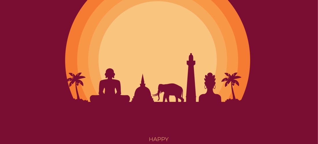 Grafik mit Sonnenuntergang im Hintergrund und stilisierten Symbolen Sri Lankas im Vordergrund: Buddha-Statue, Stupa, Elefant, Löwenstatue, Palmen und ein hoher Turm. Darüber fliegen Vögel. Der Text in der Mitte lautet: 'Happy Independence Day. On Independ