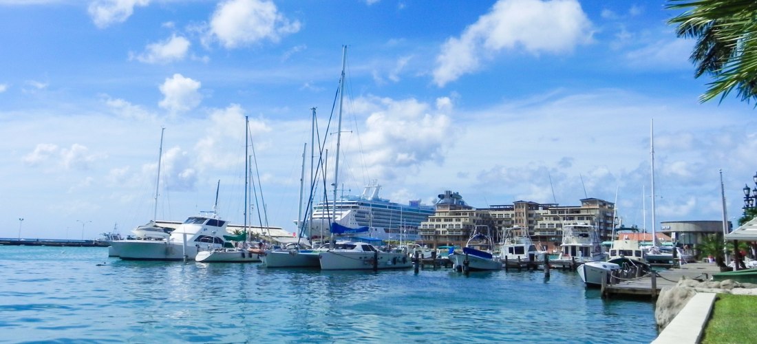 Blick auf den Jachthafen von Oranjestad, Aruba. Mehrere Motorboote und Segelyachten liegen im ruhigen Wasser vertäut. Im Hintergrund steht ein großes Kreuzfahrtschiff vor modernen Gebäuden. Palmen und blauer Himmel runden die Szene ab.
