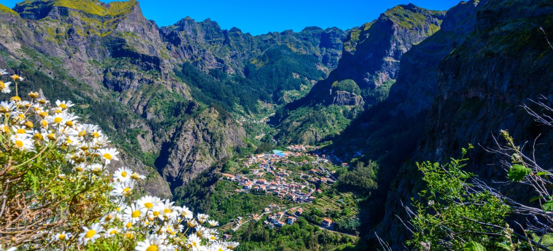 Curral das Freiras Madeira – Aussicht ins grüne Nonnental Panoramablick auf das Dorf Curral das Freiras im grünen Bergtal von Madeira mit steilen Felsen und Blumen im Vordergrund