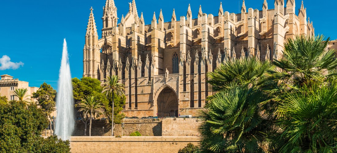 Kathedrale La Seu in Palma de Mallorca mit Palmen und Springbrunnen im Vordergrund bei sonnigem Wetter