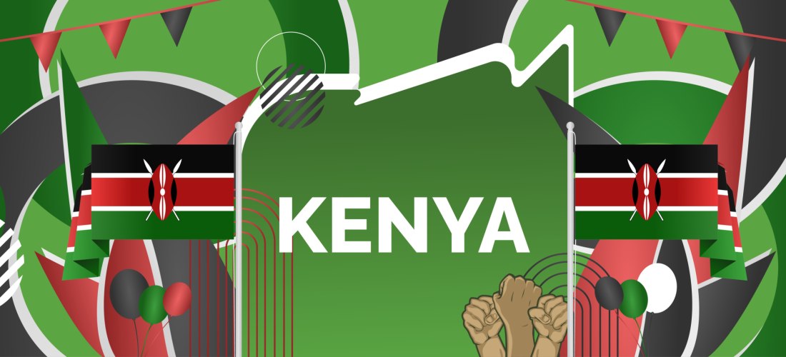 Bunte Grafik mit dem Wort 'Kenya' in der Mitte. Umgeben von stilisierten Kenia-Flaggen, Luftballons, erhobenen Fäusten und abstrakten Mustern in Rot, Grün, Schwarz und Weiß – den Farben der kenianischen Nationalflagge.