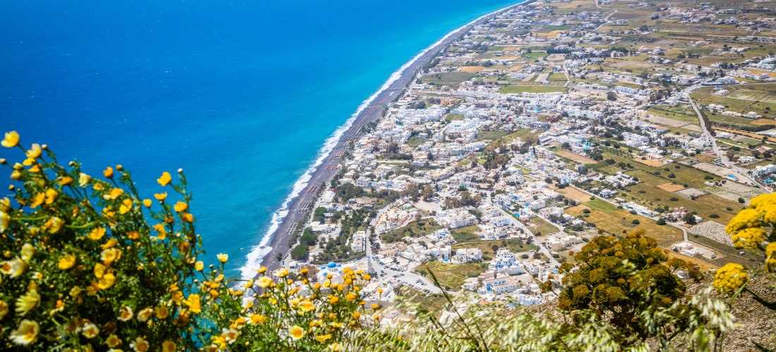 Panoramablick über die Küste von Perissa/Perivolos auf Santorini: endloser Schwarzsandstrand, türkisblaues Meer und weiß gekalkte Häuser; gelbe Wildblumen im Vordergrund