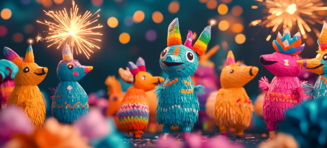 Bunte Piñatas feiern mit festlichen Wunderkerzen