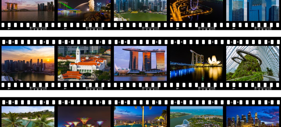 Filmstreifen mit 15 Bildern von Singapur: Skyline bei Tag und Nacht, Merlion-Brunnen, Marina Bay Sands, der beleuchtete Singapore Flyer, Gardens by the Bay, Sentosa-Strand, das viktorianische Victoria Theatre und tropische Parkanlagen.