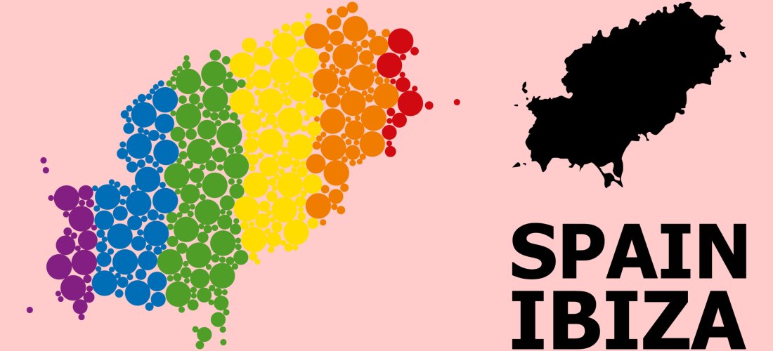 Stilisierte Karte der Insel Ibiza in Spanien, dargestellt in einem bunten Punktmuster in Regenbogenfarben – von violett im Westen über Blau, Grün, Gelb und Orange bis Rot im Osten. Rechts daneben eine schwarze Silhouette der Insel und der Text 'Spain Ibiz