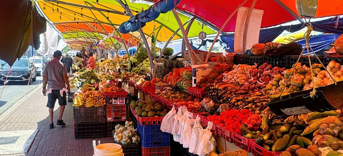 Langer Marktstand unter bunten Zeltdächern auf einem Straßenmarkt. Die Auslagen sind prall gefüllt mit tropischen Früchten und Gemüse wie Bananen, Papayas, Yamswurzeln, Kürbis und Avocados. Ein Mann mit Einkaufstasche schlendert entlang der Stände.