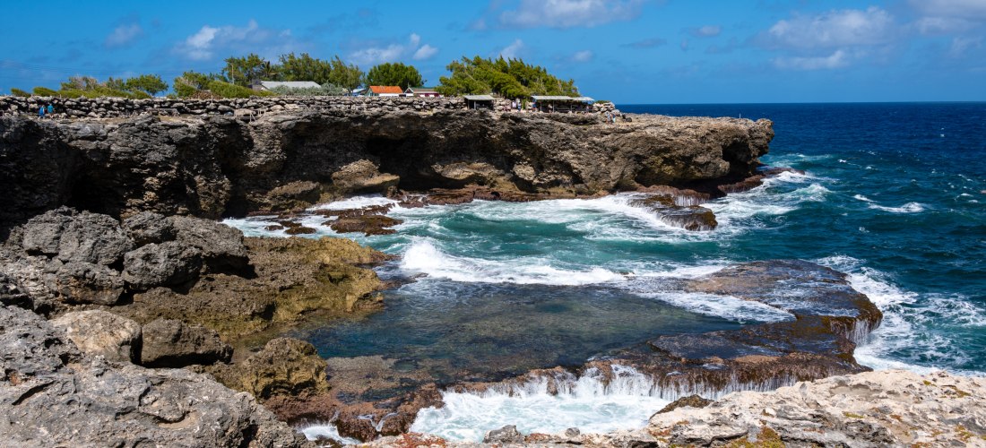 Felsküste im Norden von Barbados mit Klippen, Atlantik und brechenden Wellen.