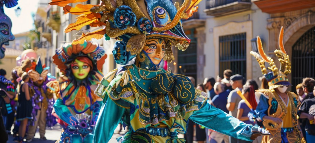 Bunt kostümierte Menschen mit fantasievollen Masken und Verzierungen bei einem Karnevalsumzug