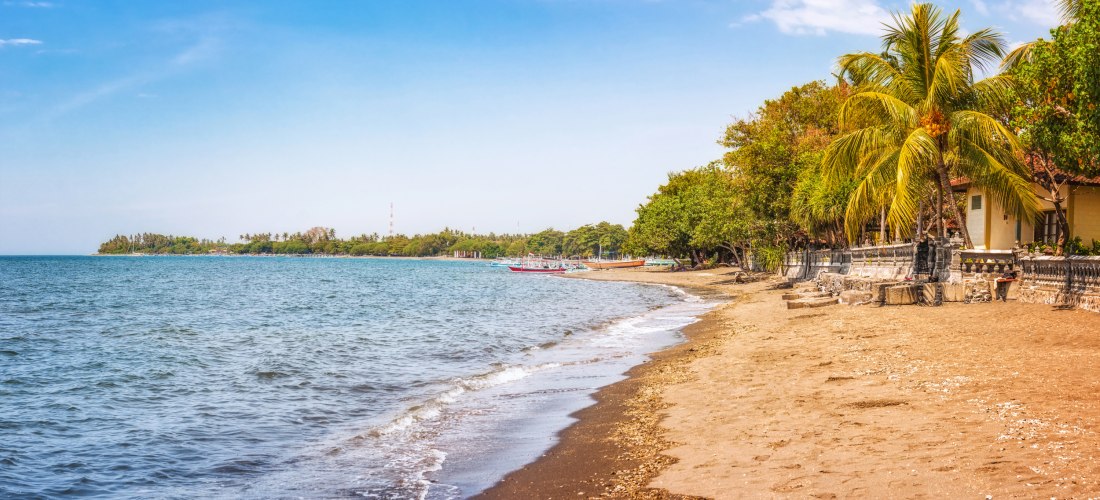 Ruhiger Strand in Lovina auf Bali mit Palmen und goldenem Sand im warmen Nachmittagslicht