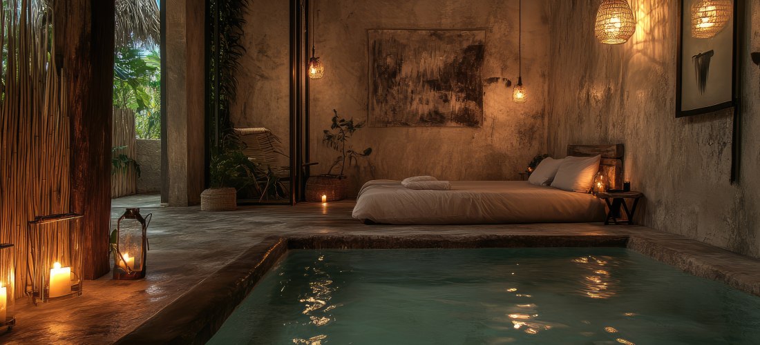 rustikales, modernes Heilbad in Tulum mit heiliger Energie. neutrale Töne. Nacht. hyperrealistisch. filmisch.
