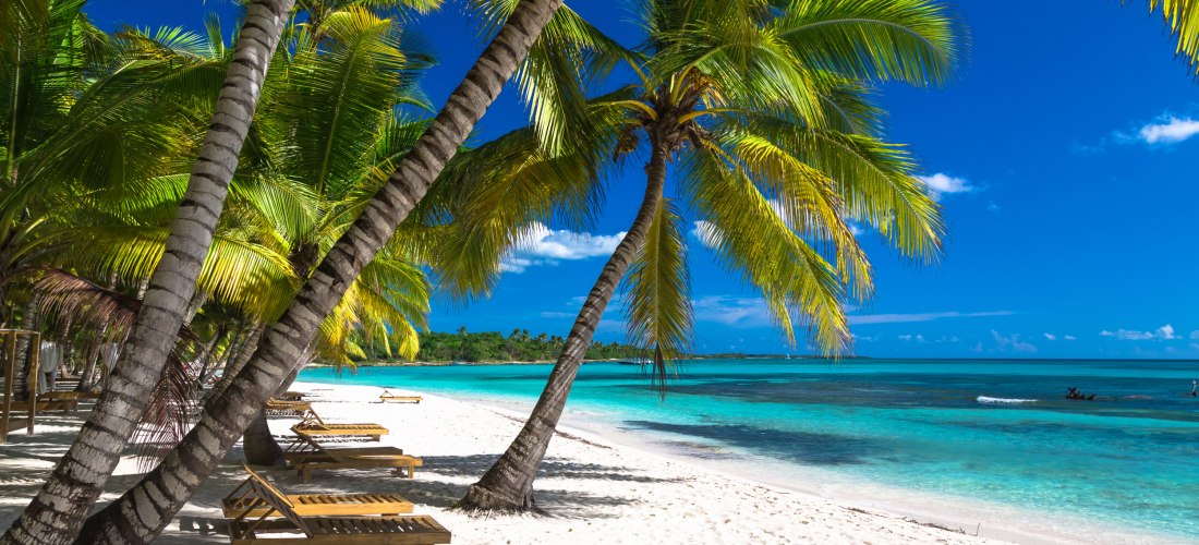 Leere Holzliegen unter Palmen am weißen Sandstrand mit türkisblauem Wasser und dichtem Palmenhain im Hintergrund