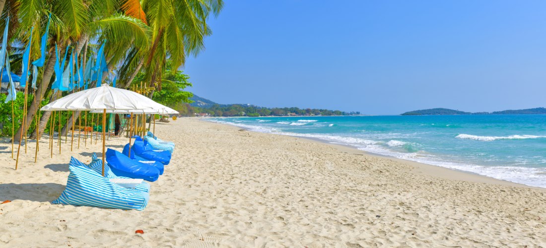 Palmenstrand mit Sonnenschirmen, blauen Liegen und klarem Meer am Chaweng Beach auf Koh Samui, Thailand, ideal zum Baden und Entspannen