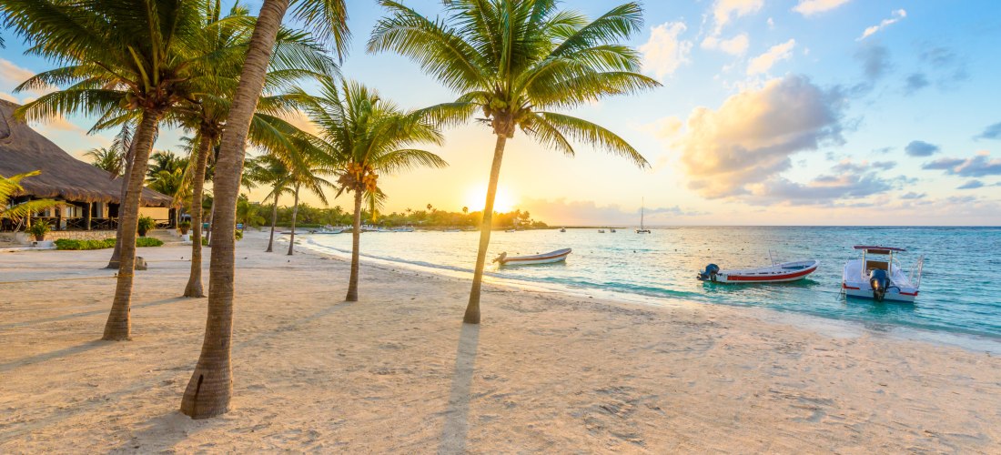 karibischer Strand, kleine Boote, Palmen, Sonne