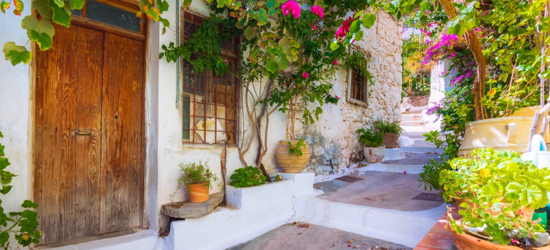 Enge, weiß getünchte Gasse in einem mediterranen Dorf mit blühenden Bougainvillea, Tontöpfen mit Pflanzen, alter Holztür und verwitterten Hausfassaden unter dichtem Blätterdach